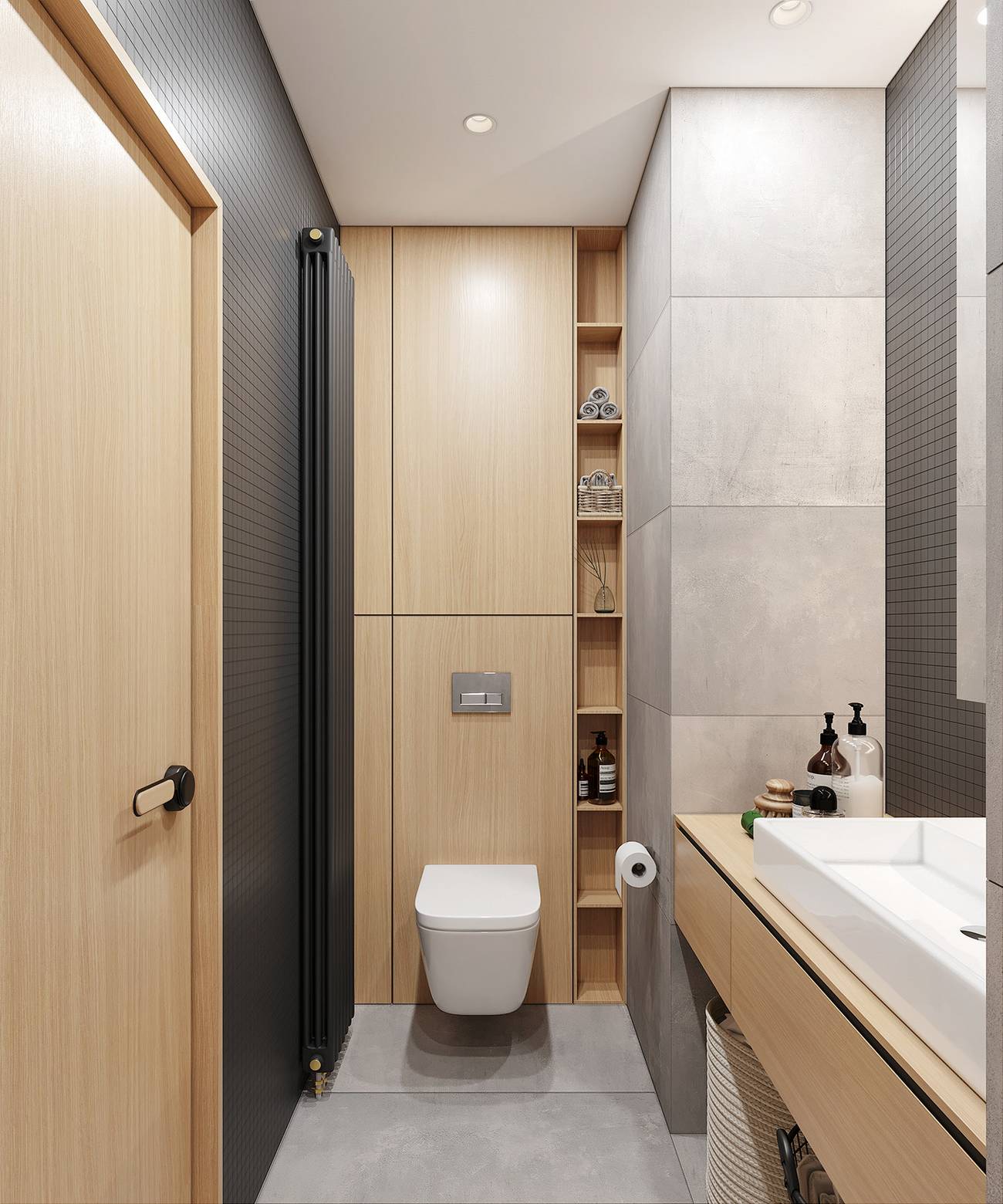 Bồn toilet được thiết kế gắn tường để giải phóng diện tích mặt sàn, bức tường phía sau đồng thời là tủ lưu trữ đẹp mắt với những hốc nhỏ tận dụng để đựng khăn tắm và phụ kiện.