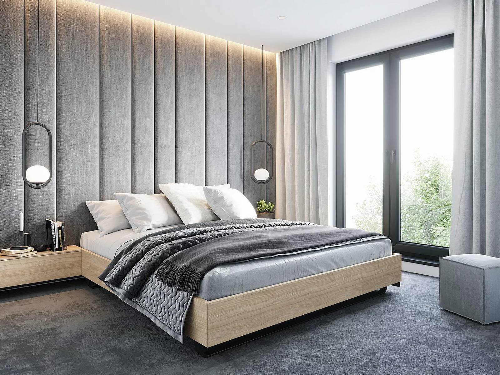 Phòng ngủ với sự 'thống trị' của gam màu xám thanh lịch, từ bức tường đầu giường, thảm trải sàn cho đến những chiếc chăn mềm mại.