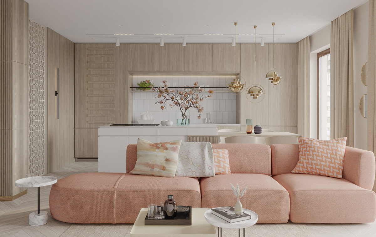 Ghế sofa bọc vải màu hồng pastel trở thành điểm nhấn tuyệt đẹp cho phòng khách, thêm những chiếc gối tựa cùng gam màu và chiếc bàn phụ nhỏ bằng đá cẩm thạch trắng toát lên vẻ sang trọng.