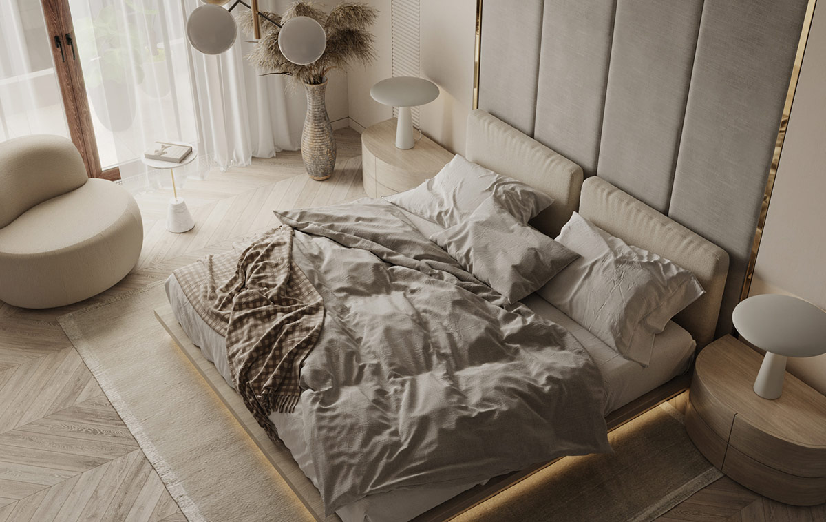 Sự kết hợp của vải bọc màu xám nhẹ nhàng nhất và đồ nội thất bằng vải màu kem kết hợp với nhau để tạo ra một không gian phòng ngủ thoải mái như mơ.