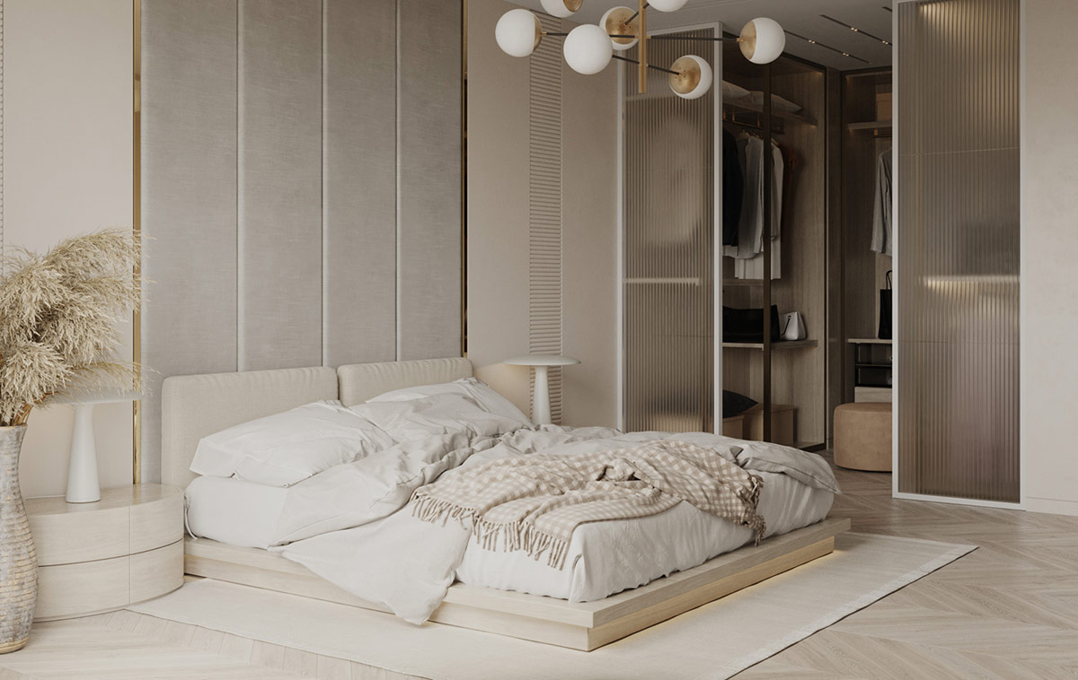 Phòng thay đồ kết hợp tủ quần áo rộng rãi trong phòng ngủ, phân tách với chiếc giường bằng cửa trượt kính mờ kín đáo. 