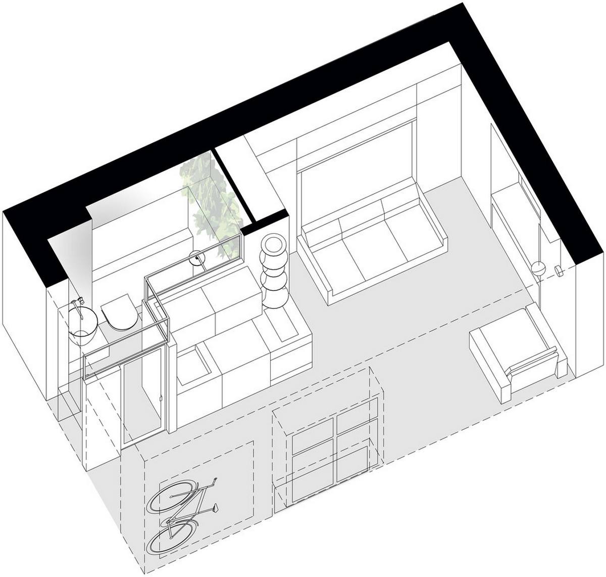 Kế hoạch sàn của căn hộ mini diện tích vỏn vẹn 18m² do Marina Pakhomova cung cấp.