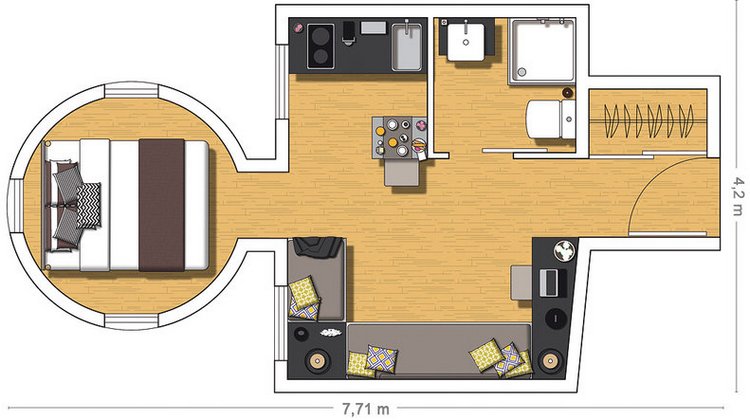 Bản thiết kế mặt sàn của căn hộ áp mái có diện tích 20m² với phòng ngủ ở vị trí đường cong hình tròn độc đáo.