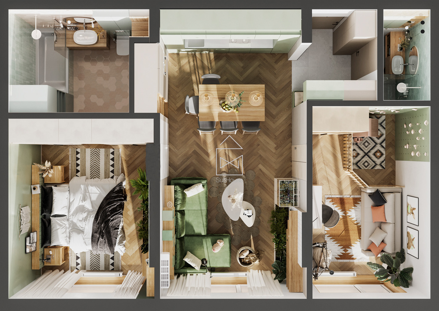 Bản thiết kế 3D của căn hộ 70m² do Suithouse Studio cung cấp.