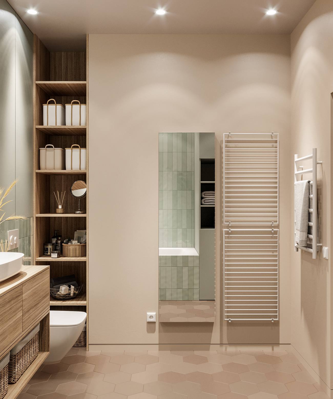 Phòng tắm lớn của bố mẹ với gạch lát sàn hình lục giác (tổ ong), hệ thống tủ lưu trữ rộng rãi, nội thất gỗ kết hợp với màu tường ốp gạch xanh bạc hà dịu mát.