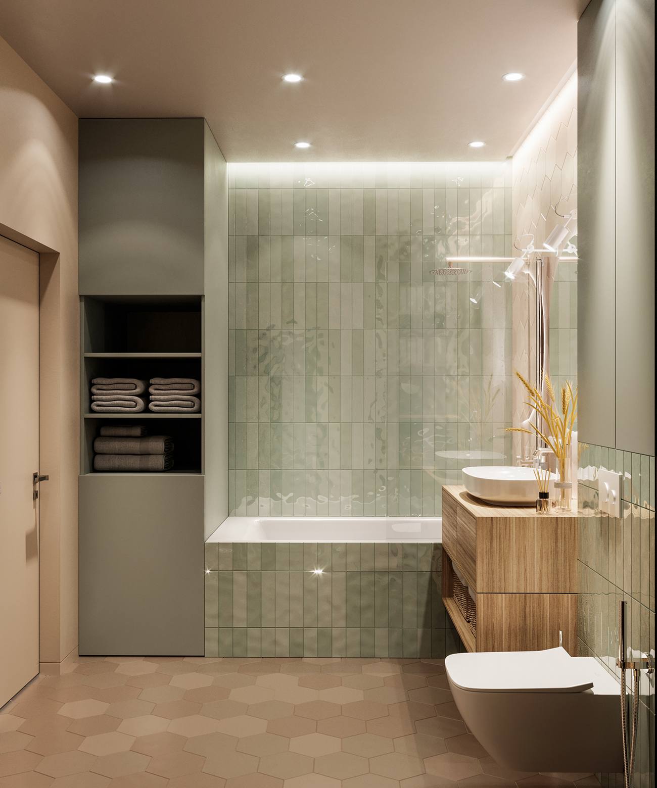Bồn tắm nằm phân vùng với toilet bằng cửa kính trong suốt, kết hợp với ánh đèn trần và đèn gắn tường cho cảm giác tươi sáng và ấm áp lan tỏa không gian.