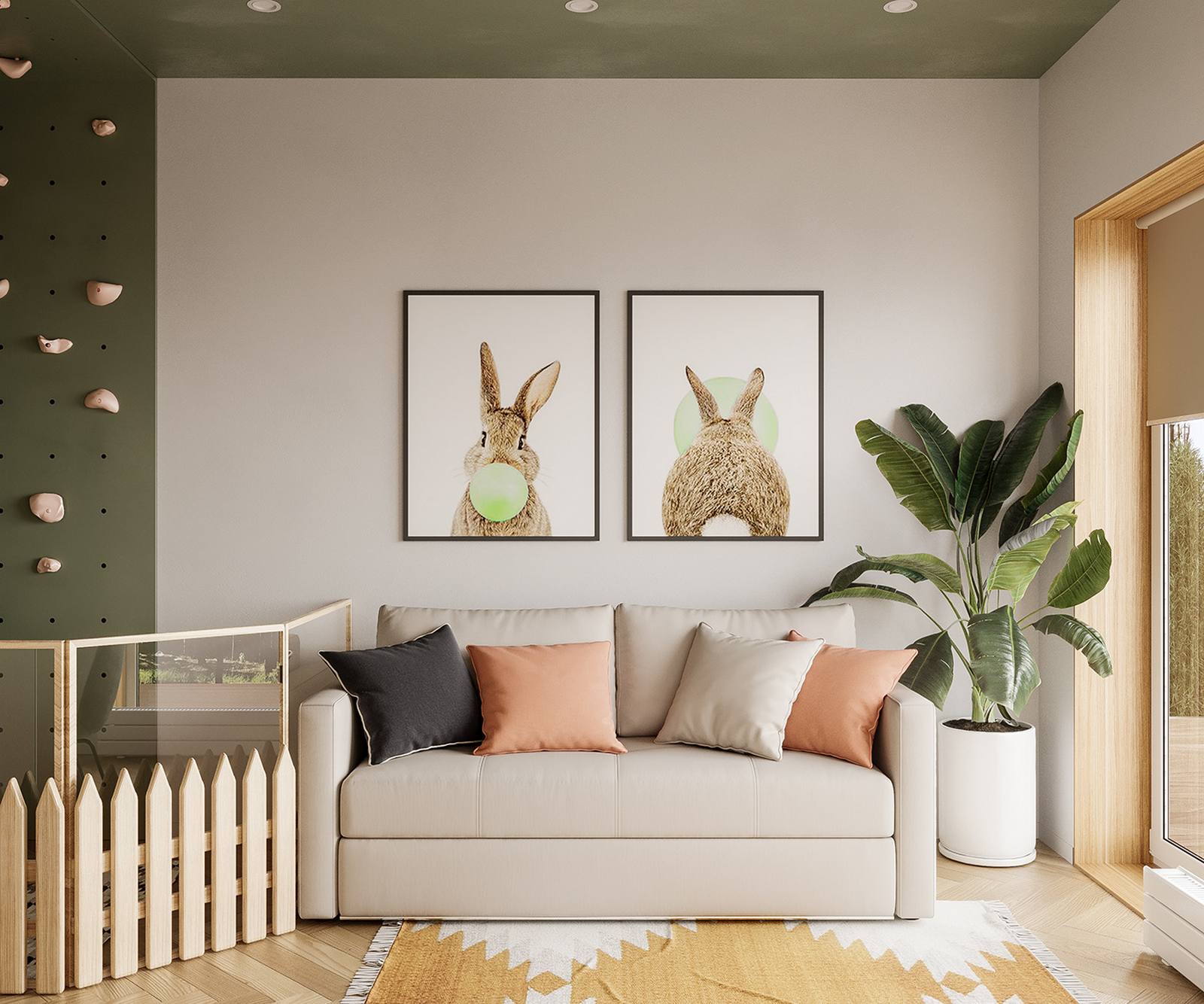 Phòng khách với thảm trải sàn màu cam gạch tươi sáng, ghế sofa màu kem cùng gối tựa nổi bật, trên tường là bộ tranh chú thỏ ngộ nghĩnh. Góc phải là chậu cây cảnh tươi xanh bên khung cửa đầy nắng.