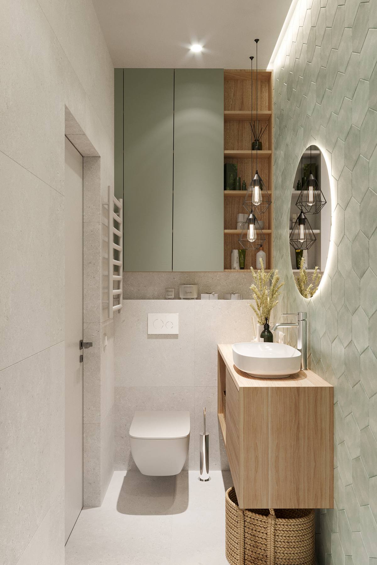 Phòng tắm của bé tuy nhỏ nhưng không kém phần xinh xắn với trang thiết bị hiện đại, bồn toilet gắn tường cùng hệ thống tủ lưu trữ tiện nghi.