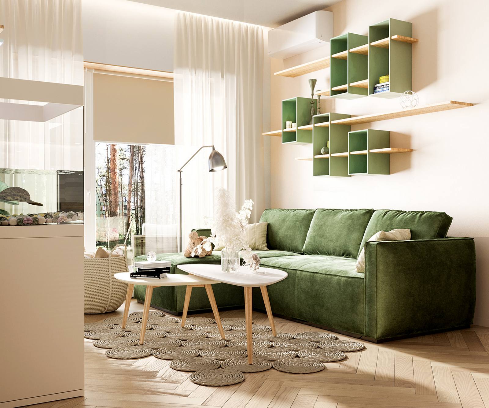 Bức tường sau ghế sofa được thiết lập hệ kệ mở tiện ích đồng màu xanh ô liu cho vẻ đẹp hài hòa. Tấm thảm dệt thủ công cũng giúp phân vùng phòng khách xinh xắn hơn.