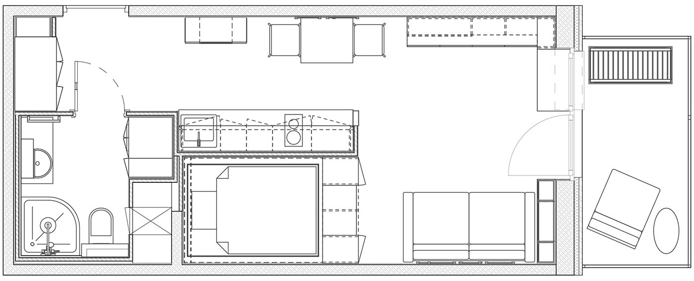 Sơ đồ thiết kế nội thất của căn hộ 34m² do Malitskie Studio cung cấp.