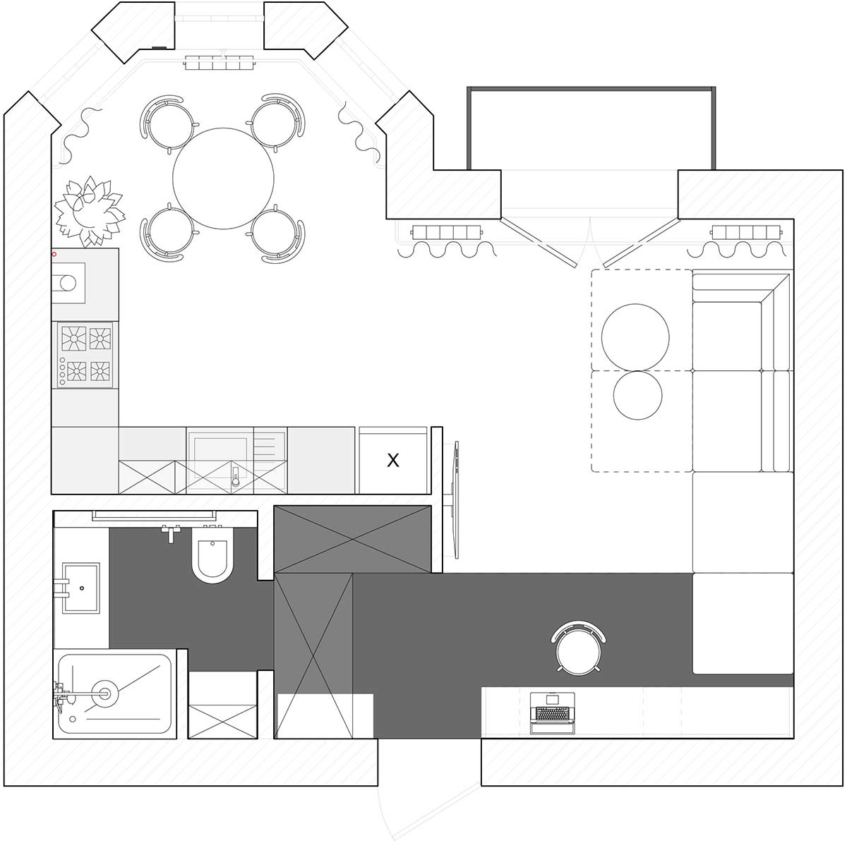 Sơ đồ thiết kế căn hộ 42m² của anh chàng nghệ sĩ độc thân do Line Design Studio cung cấp.