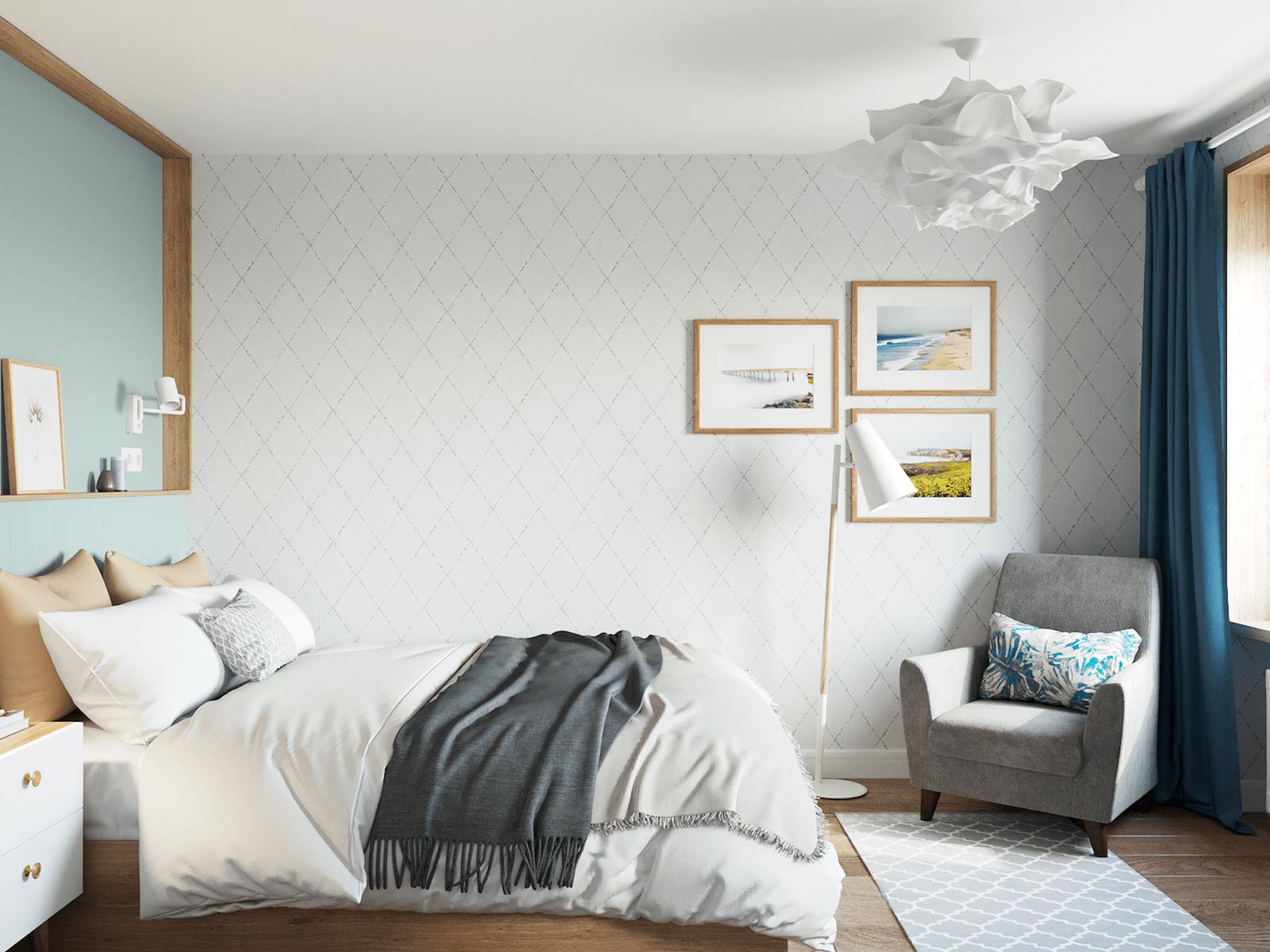 Phòng ngủ kết hợp gam màu xanh ngọc lam và màu trắng, những đường kẻ họa tiết hình thoi trên tường và thảm trải sàn cũng trở thành điểm nhấn nhẹ nhàng.