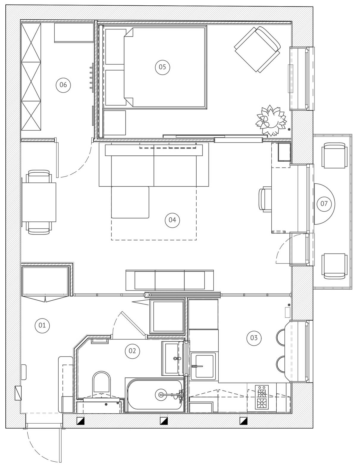 Sơ đồ thiết kế căn hộ 45m² do Malitskie Studio cung cấp.