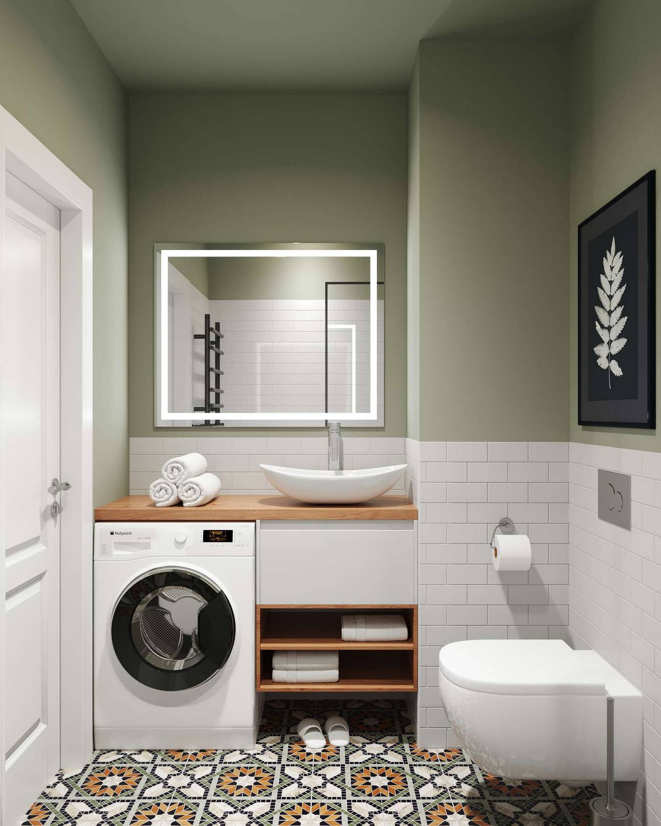 Sàn phòng tắm lát gạch bông họa tiết hình học nổi bật, máy giặt được sắp xếp gọn vào một góc bên cạnh tủ lưu trữ kết hợp bồn rửa. Tấm gương hình chữ nhật khổ lớn trên tường giúp 'cơi nới' không gian'.