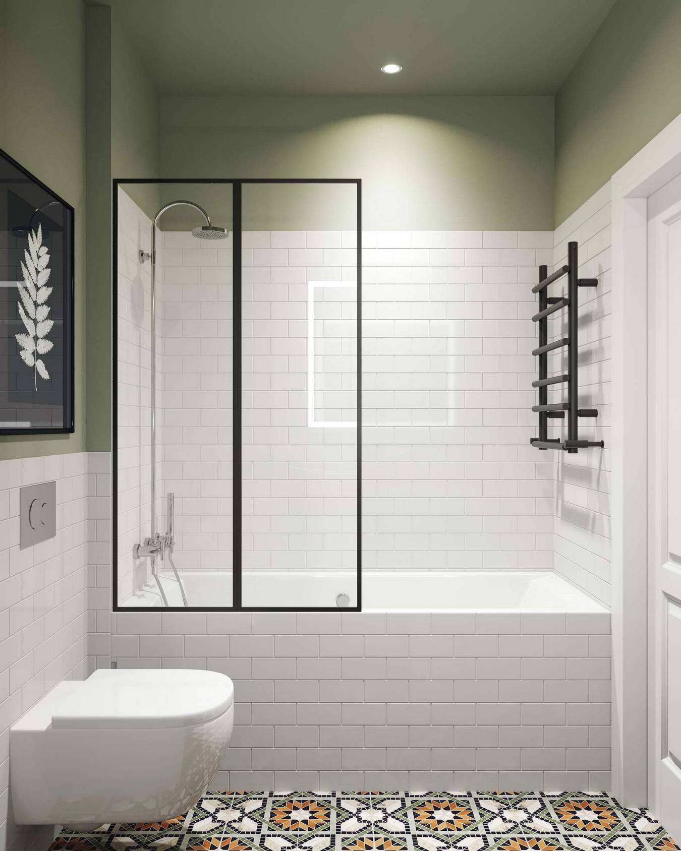 Bức tường phòng tắm chia thành 2 phần, 1 phần ốp gạch trắng sáng bóng, phần trên sơn màu xanh ô liu làm điểm nhấn. Toilet gắn tường giải phóng bề mặt sàn nhà, bồn tắm phân vùng với nhà vệ sinh bằng cửa kính trong suốt cho không gian rộng thoáng.