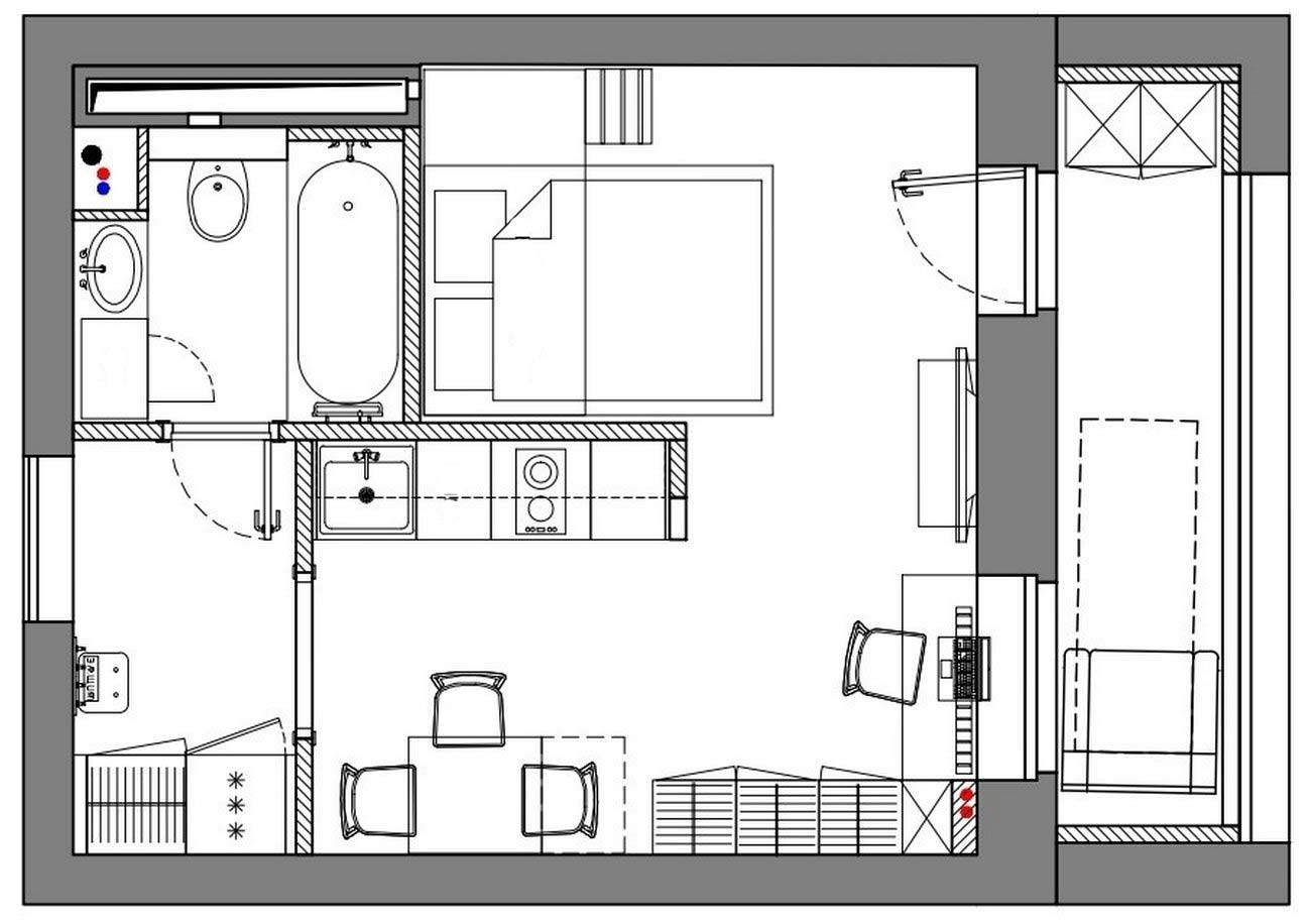 Sơ đồ thiết kế căn hộ 29m² do Cubiq Studio cung cấp.