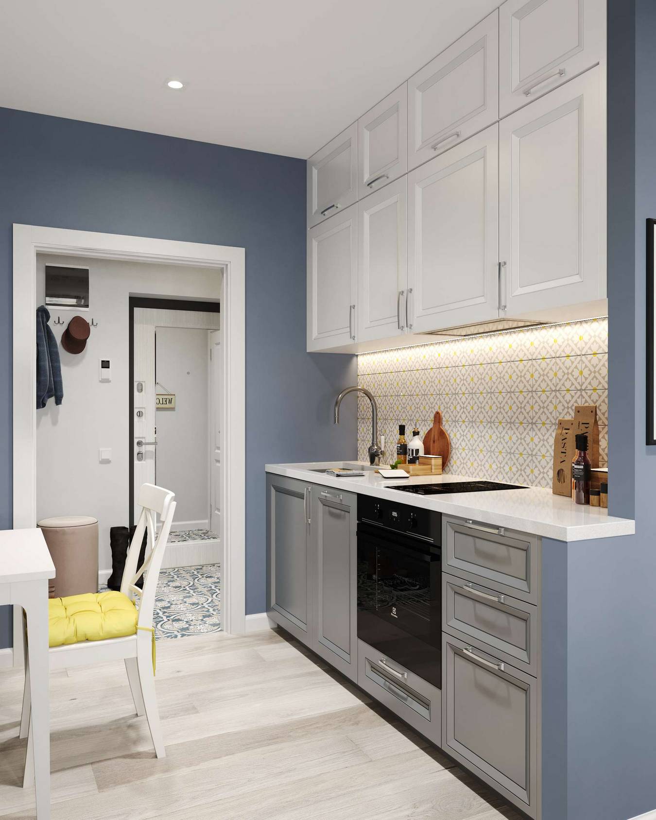 Phòng bếp được thiết kế theo kiểu chữ I, giải pháp hoàn hảo cho không gian căn hộ vừa và nhỏ. Hệ thống đèn gầm bên dưới tủ bếp trên cung cấp tối đa ánh sáng cho nơi nấu nướng.