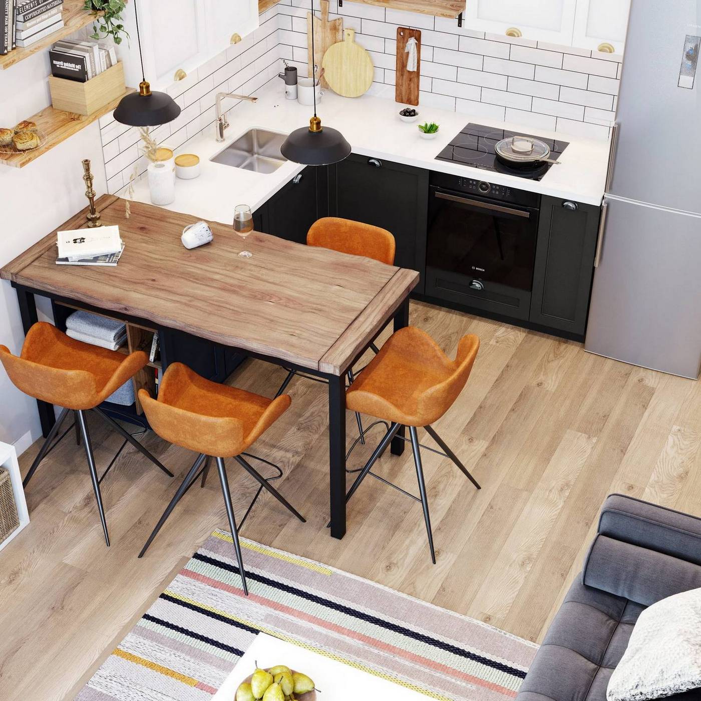 Phòng bếp nhỏ xinh thiết kế kiểu chữ L - giải pháp hoàn hảo cho không gian bếp vừa và nhỏ. Tủ bếp trên và dưới sử dụng màu trắng và xám đen cho cái nhìn tương phản, hiện đại.