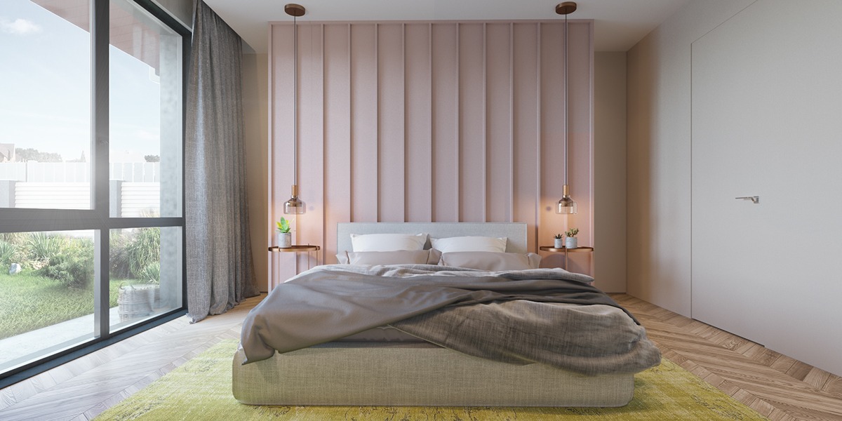 Nếu bạn không muốn cả căn phòng ngập tràn sắc hồng thì có thể sơn bức tường đầu giường với một gam màu hồng phớt. Phòng ngủ này với view nhìn ra sân vườn xanh tươi màu lá kết hợp với sắc hồng bên trong càng thêm sinh động.