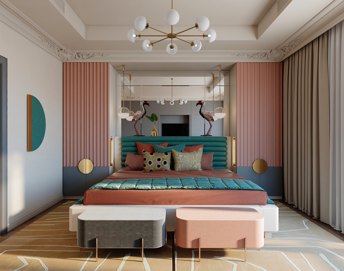 Kết thúc bộ sưu tập là phòng ngủ cực kỳ sinh động, không chỉ sử dụng gam màu hồng, nhà thiết kế nội thất còn kết hợp cả màu xanh lam, xanh ngọc lục bảo, xám, be và nâu cam, đôi hạc đầu giường,... tất cả tạo nên một bức tranh tươi sáng sắc màu và tràn đầy cảm hứng.