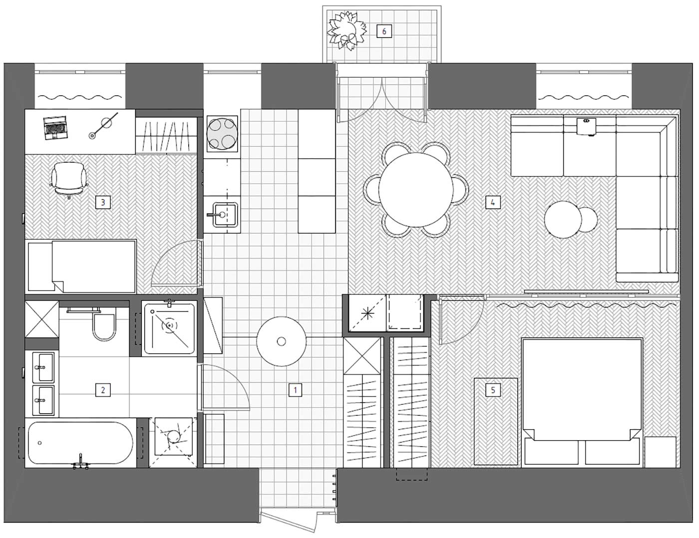 Sơ đồ thiết kế căn hộ diện tích 61m² do CHI DESIGN cung cấp.