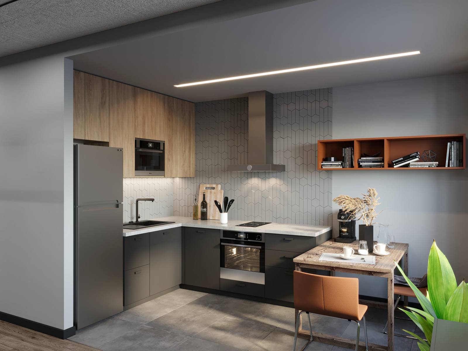 Phòng bếp có thiết kế kiểu chữ L phù hợp với bố cục của căn hộ. Tủ lưu trữ trên ốp gỗ tạo sự tương phản nhẹ nhàng với hệ tủ dưới sơn màu xám đậm.