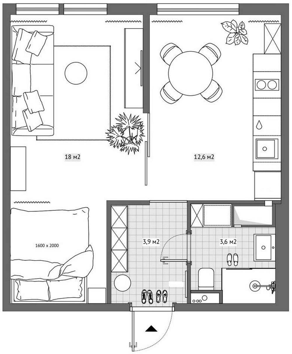 Sơ đồ thiết kế căn hộ diện tích 38m² của cặp vợ chồng son do NTK Nina Ivanenko cung cấp.