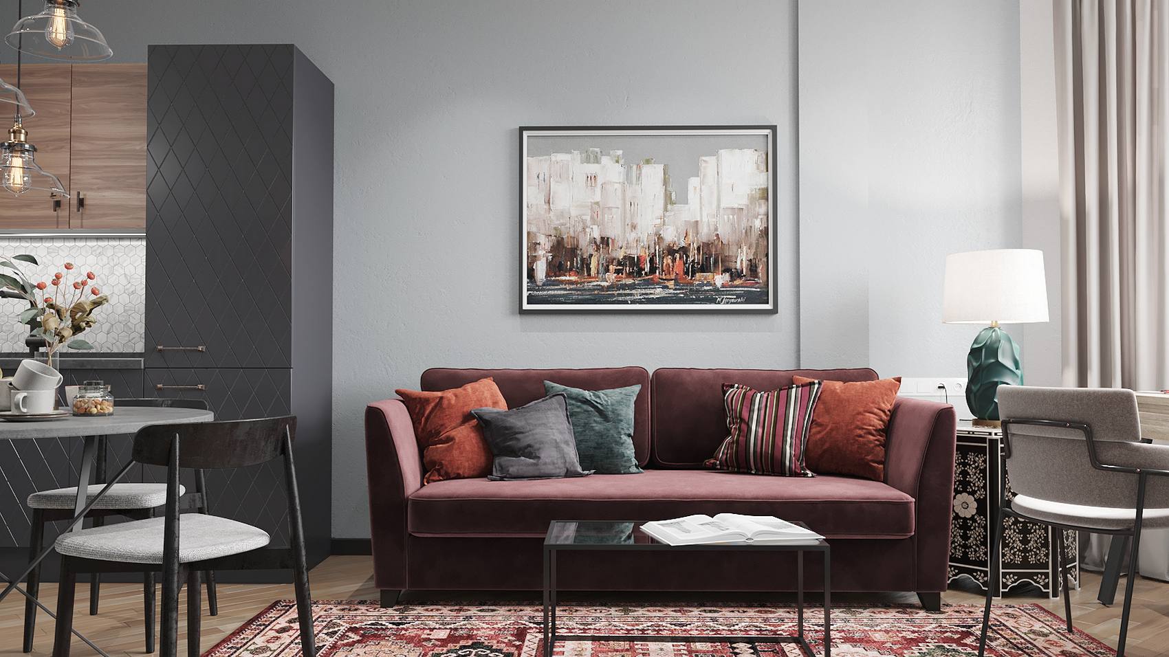 Phòng khách bố trí ghế sofa màu đỏ mận với những chiếc gối tựa đủ sắc màu trấm ấm, đem lại cảm giác êm ái và gần gũi. Thêm vào đó là chiếc bàn nước hình chữ nhật tối giản trên tấm thảm trải sàn họa tiết nổi bật.