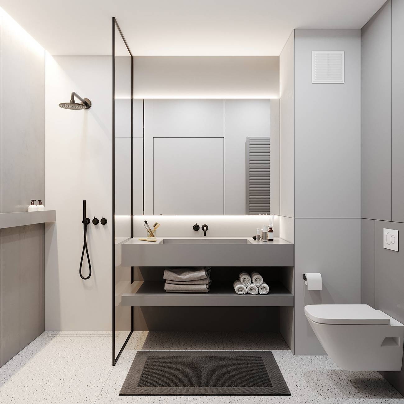 Phòng tắm sang trọng với 3 khu vực được phân chia rõ ràng: Buồng tắm đứng phía bên phải, ngăn cách với bồn rửa tay và kệ lưu trữ bằng vách ngăn kính trong suốt, bồn toilet được thiết kế gắn trên bức tường bên phải.