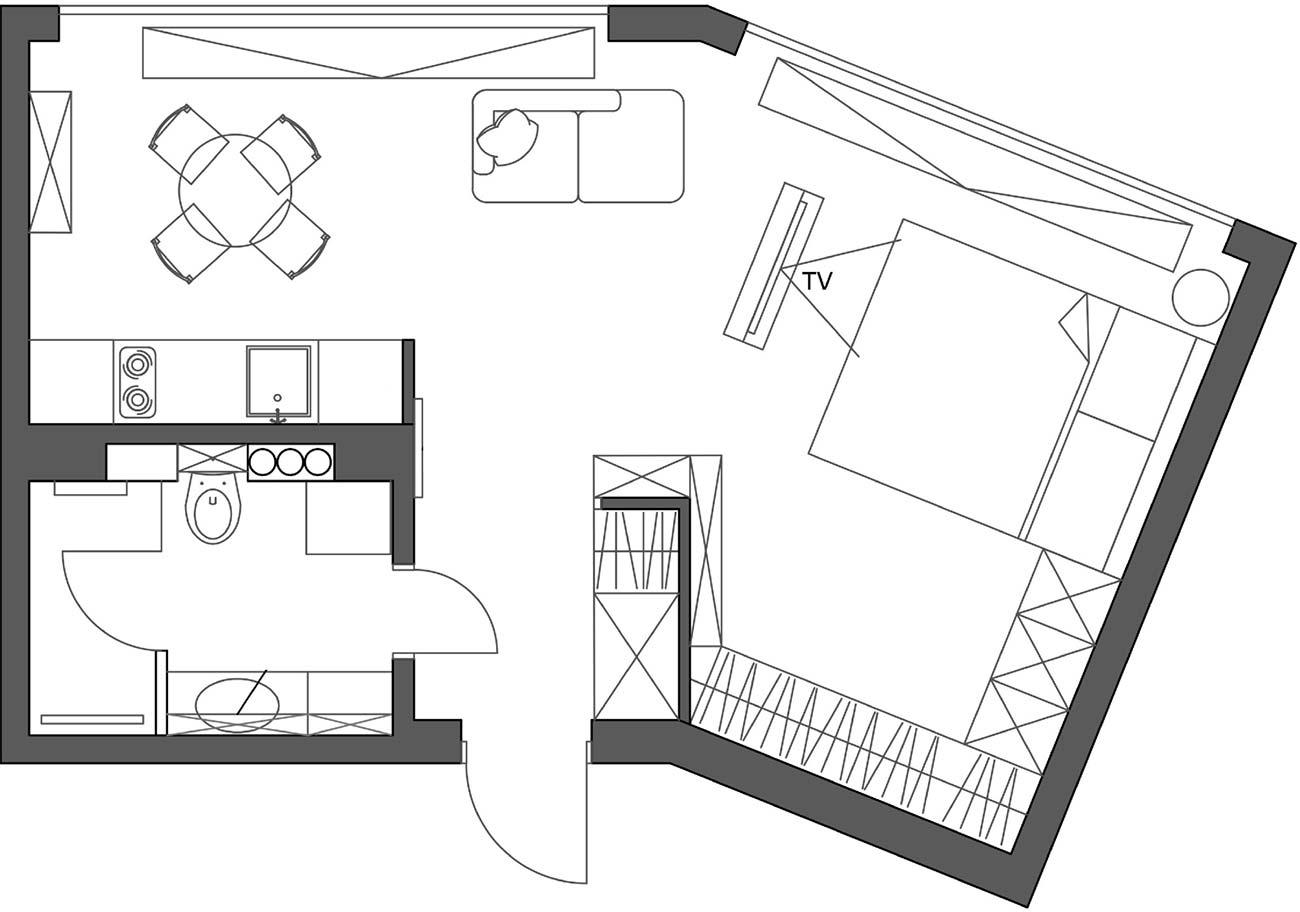 Sơ đồ thiết kế nội thất căn hộ 41m² của quý ông trung niên do nhà thiết kế nội thất Ksenia Mitskevich cung cấp.