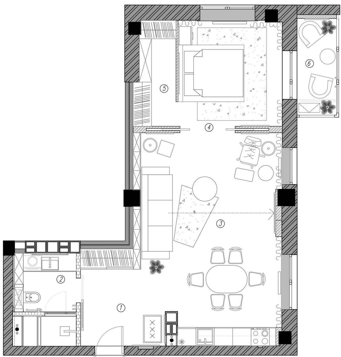 Sơ đồ thiết kế căn hộ diện tích 64m² do nhà thiết kế nội thất O. Kupchinskaya cung cấp.