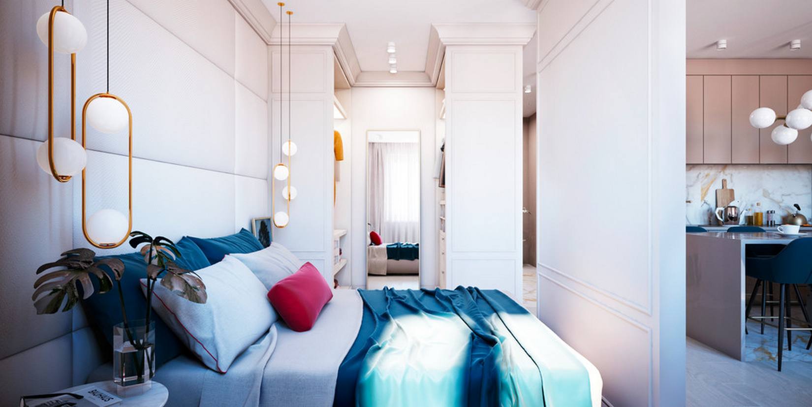 Gối chăn trên giường cũng rực rỡ nhiều màu sắc, hệ thống đèn thả trần và táp đầu giường bố trí đối xứng tạo nên sự hài hòa, cân đối cho phòng ngủ. Phía bên kia của bức tường, phòng thay đồ bố trí tấm gương lớn giúp không gian như được 'nhân đôi'.