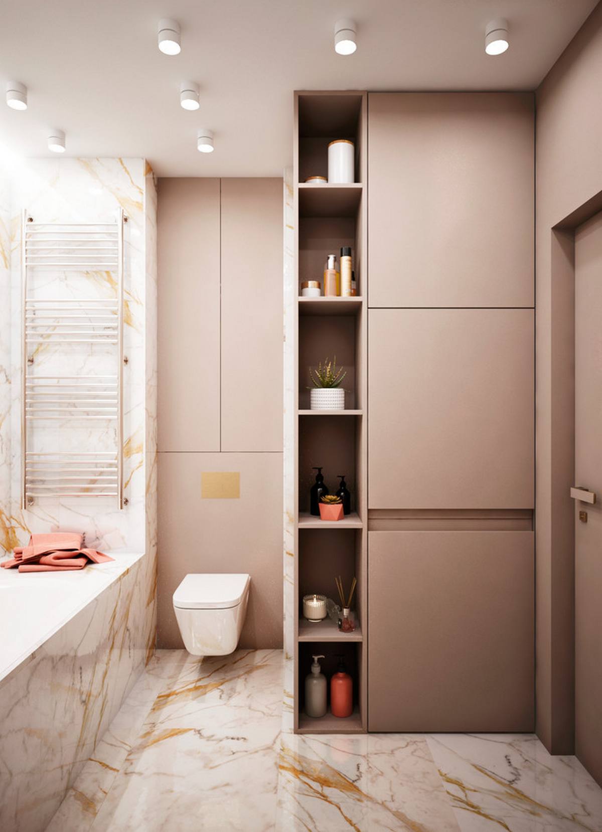 Bồn toilet gắn tường giúp giải phóng diện tích mặt sàn, bên cạnh là hệ thống tủ lưu trữ cao kịch trần, cả tủ khép kín và kệ mở nhằm tối ưu hóa bức tường cho chức năng lưu trữ.