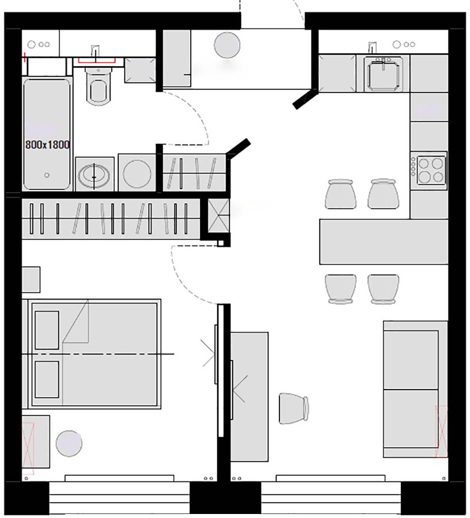 Sơ đồ thiết kế căn hộ 43m² của cặp vợ chồng son do nhà thiết kế nội thất Tatyana Ivanova cung cấp. 