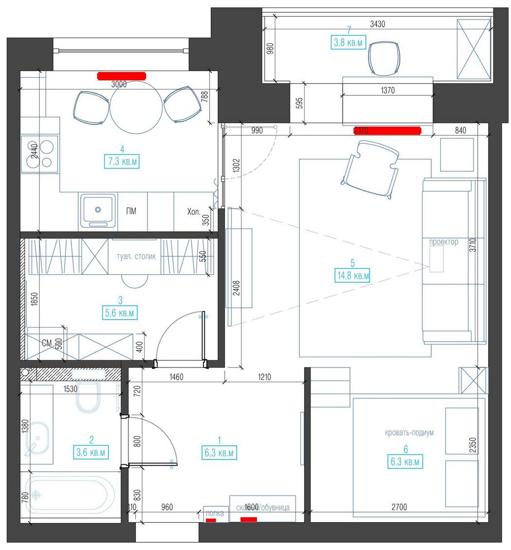 Sơ đồ thiết kế căn hộ diện tích sàn 47m² của nàng độc thân do NTK nội thất Maria Tikhonova cung cấp.