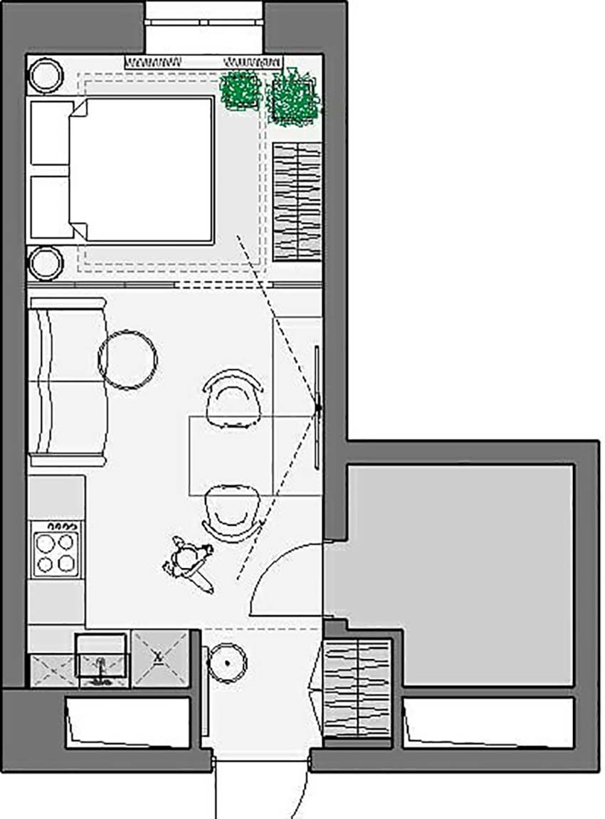 Sơ đồ thiết kế căn hộ studio có diện tích sàn chỉ vỏn vẹn 30m² của cô nàng độc thân do nhà thiết kế nội thất Natalya Solntseva cung cấp.