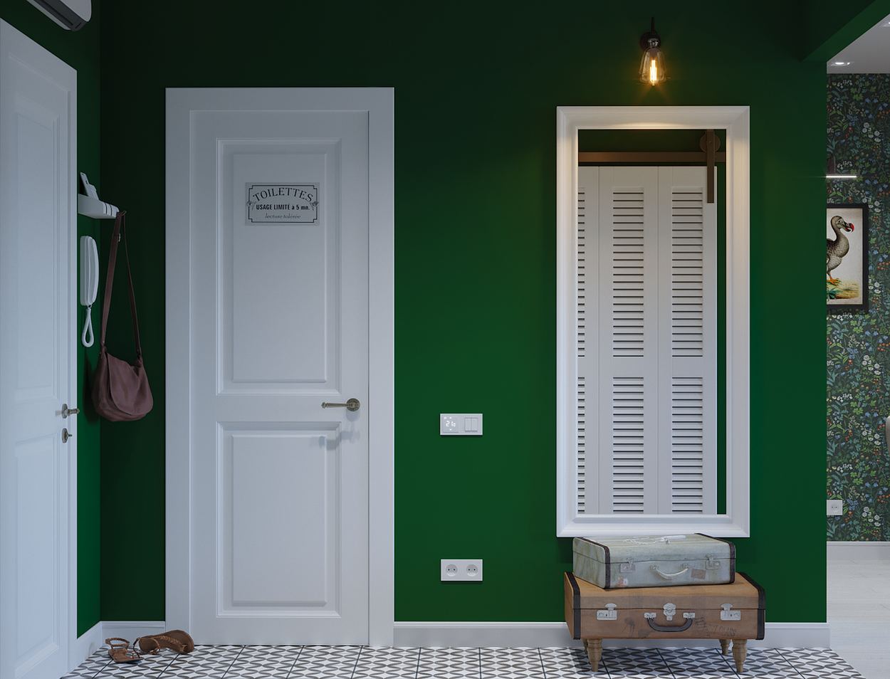 Căn hộ tạo ấn tượng ngay từ cái nhìn đầu tiên với bức tường màu xanh cho lối vào nhà. Bên trái là phòng tắm với cánh cửa sơn trắng, cạnh bên là tấm gương soi khổ lớn với ghế nghỉ chân theo kiểu dáng vali cũ độc lạ.