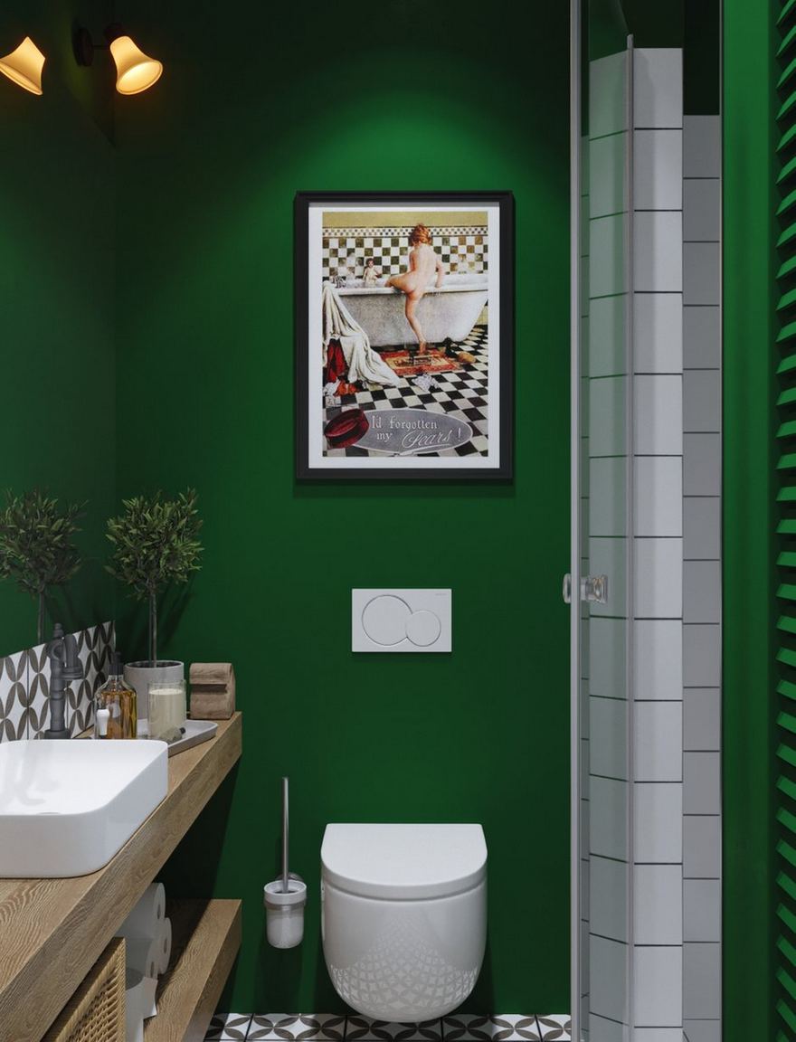 Hệ thống tủ lưu trữ kết hợp bồn rửa và toilet gắn tường giúp giải phóng diện tích sàn, giúp việc vệ sinh phòng tắm dễ dàng hơn. Bức tường sau toilet còn được trang trí bởi bức tranh vẽ cậu bé bước chân vào bồn tắm thật dễ thương và phù hợp với chủ đề.