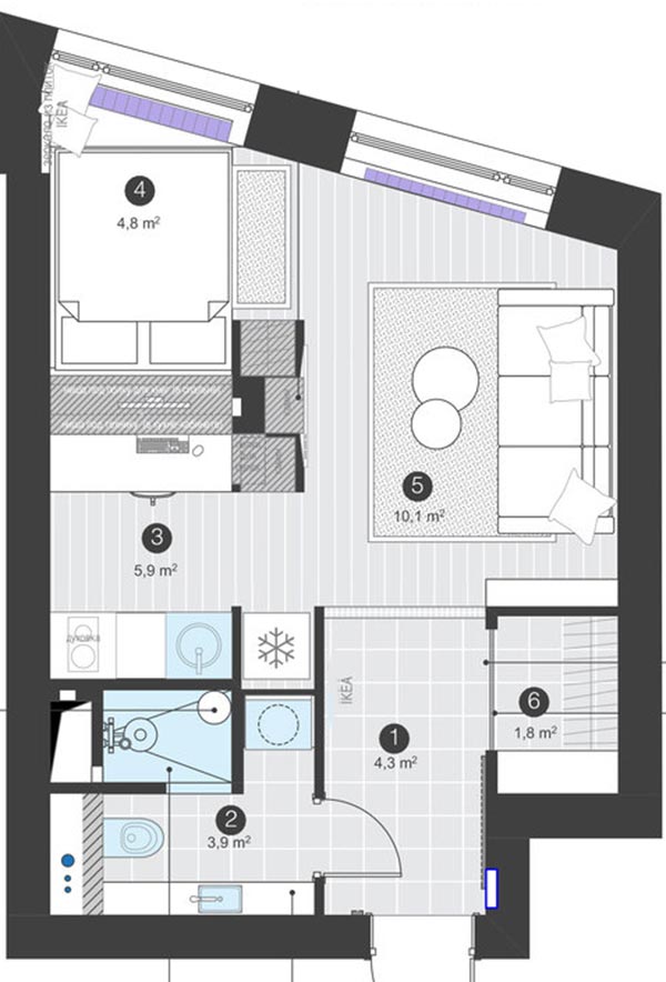 Sơ đồ thiết kế nội thất căn hộ 31m² do nhà thiết kế nội thất Ira Nosova cung cấp.