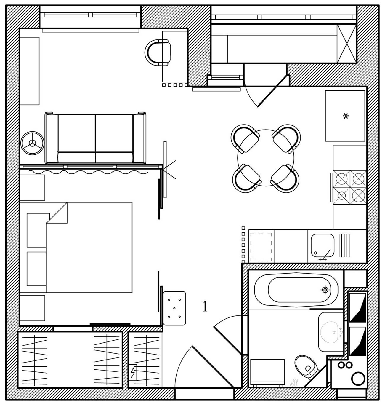 Sơ đồ thiết kế căn hộ diện tích 35m² của cặp vợ chồng son.