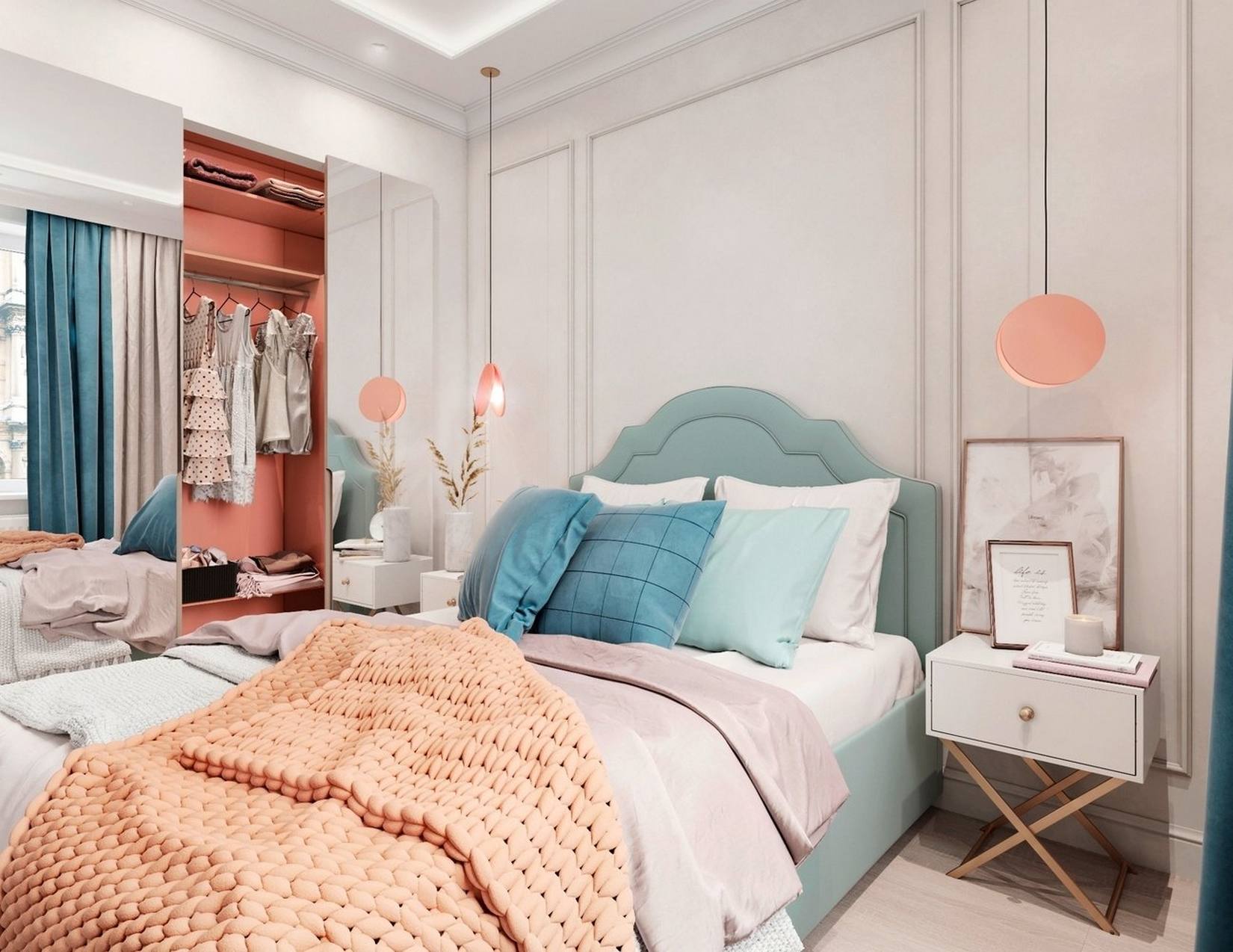 Khung giường màu xanh ngọc lam êm ái nhẹ nhàng, phối hợp cùng rất nhiều màu sắc như hồng san hô, cam, xanh bạc hà, be, trắng,... tạo nên một căn phòng trẻ trung. Táp đầu giường và đèn thả trần bố trí đối xứng tạo nên vẻ đẹp cân đối đầy quyến rũ.