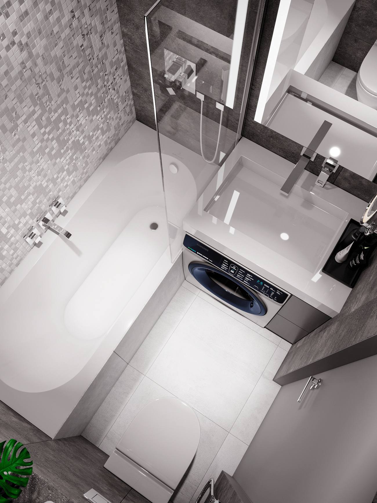 Phòng tắm, nhà vệ sinh với góc chụp từ trên cao cho thấy một không gian nhỏ nhưng vẫn gọn gàng nhờ thiết kế khoa học. Máy giặt bố trí ngay dưới bồn rửa, bên cạnh là tủ lưu trữ màu xám, tấm gương lớn phía trên tạo cảm giác không gian rộng rãi hơn.