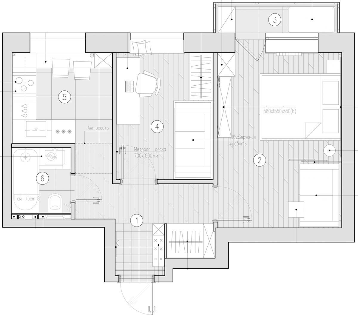 Sơ đồ thiết kế căn hộ 39m² của gia đình 3 thành viên do NTK nội thất Anastasiya Okhriamkina cung cấp.
