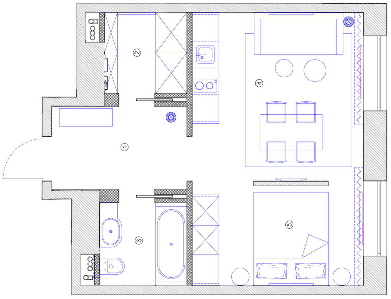 Sơ đồ thiết kế căn hộ 36m² của cặp vợ chồng son do nà thiết kế nội thất Tatiana Alenina cung cấp.