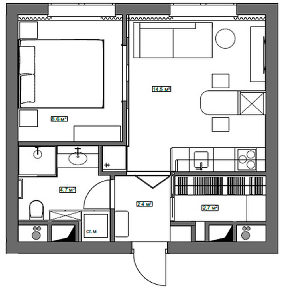 Sơ đồ thiết kế căn hộ 33m² của cô gái trẻ do NTK nội thất Natalya Strykova cung cấp.