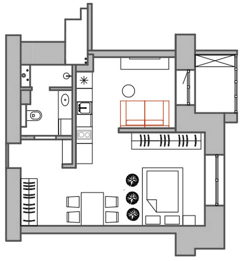 Sơ đồ thiết kế nội thất căn hộ 36m² do NTK Vera Prokhorova cung cấp.