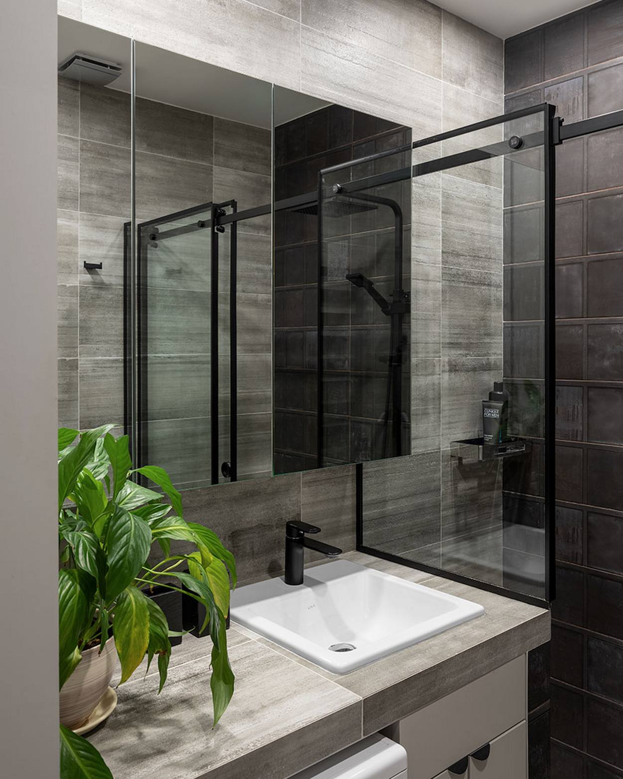 Phòng tắm sử dụng gạch ốp tường 2 tone màu xám đậm - nhạt để tạo sự tương phản nhẹ nhàng. Máy giặt tích hợp ngay bên dưới bồn rửa. Tủ lưu trữ cửa gương giúp 'nhân đôi' không gian bằng thị giác, thêm vào chậu cây cảnh tươi xanh cho căn phòng 'mềm mại', sinh động hơn.