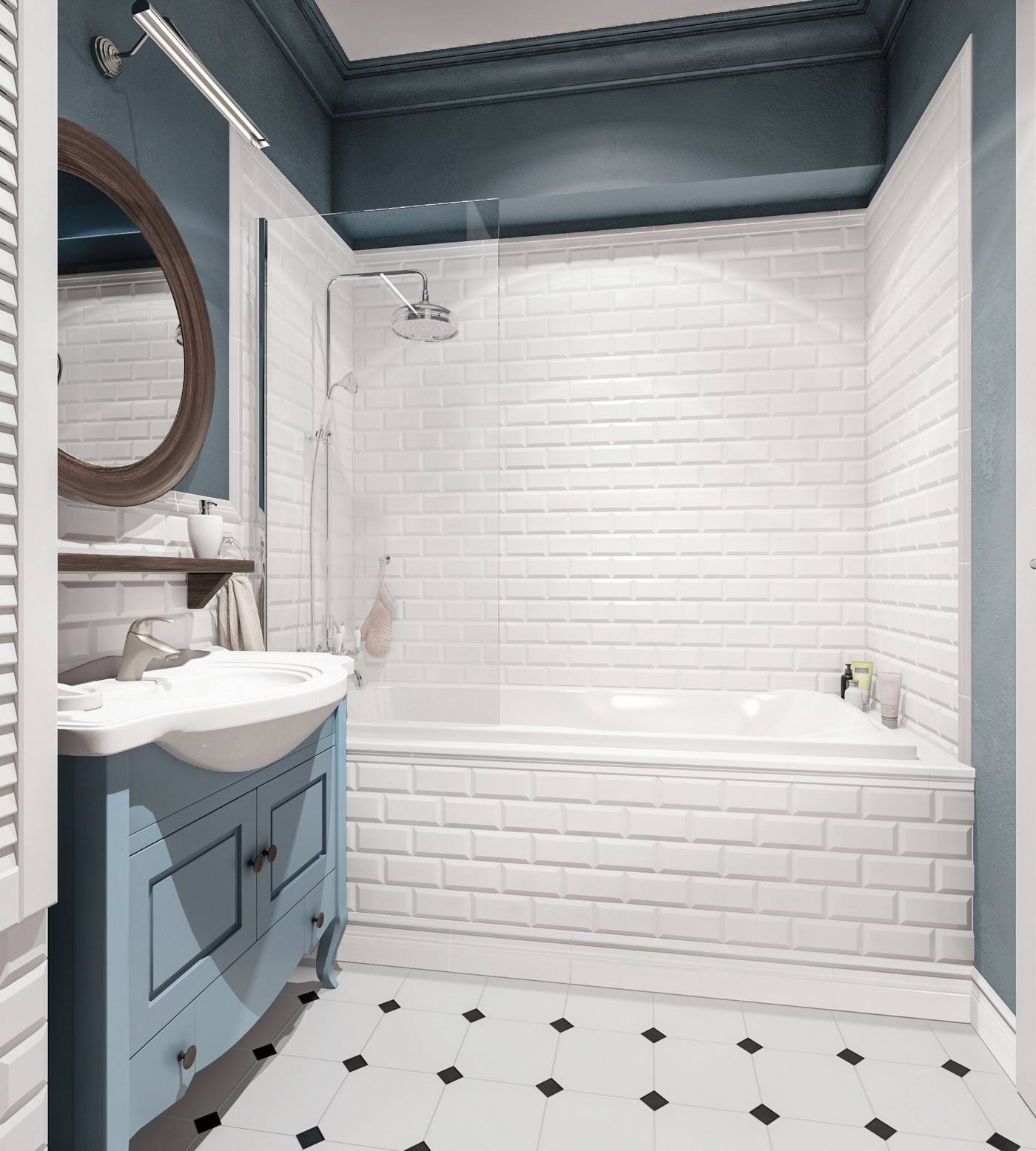 Thay vì sàn vinyl giả gỗ, phòng tắm chọn gạch bông lát sàn đơn giản mà nổi bật. Toàn bộ tường và bồn tắm ốp gạch thẻ metro trắng cho cảm giác tươi sáng, kết hợp tường sơn xanh lam đậm biến không gian này thành một 'ốc đảo' riêng tư thú vị.