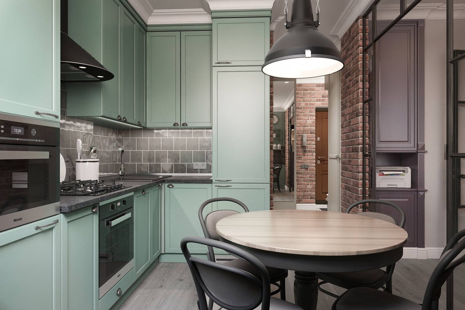 Khu vực nấu nướng và ăn uống được thiết kế tại một phòng riêng biệt, với phong cách đơn giản nhưng sang trọng và 'chất lừ' nhờ màu sắc phối hợp cùng nhau. Phòng bếp lựa chọn thiết kế kiểu chữ L để phù hợp với cấu trúc của căn hộ.