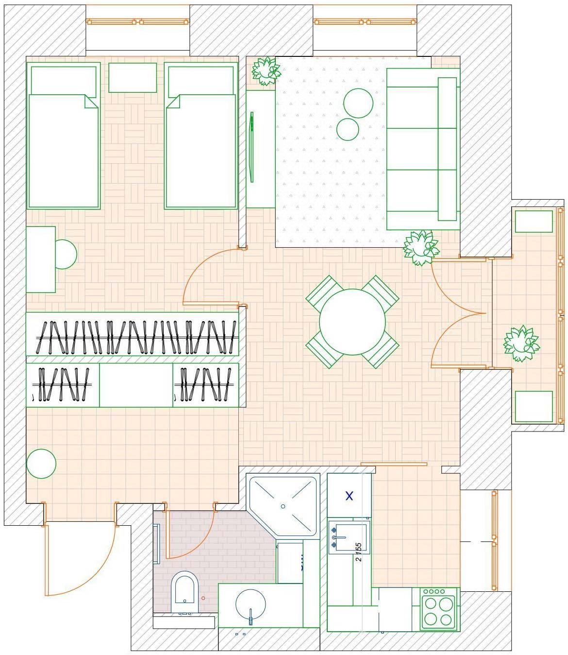 Sơ đồ thiết kế nội thất căn hộ diện tích 45m² của cặp vợ chồng lớn tuổi do Markina Design Studio cung cấp.